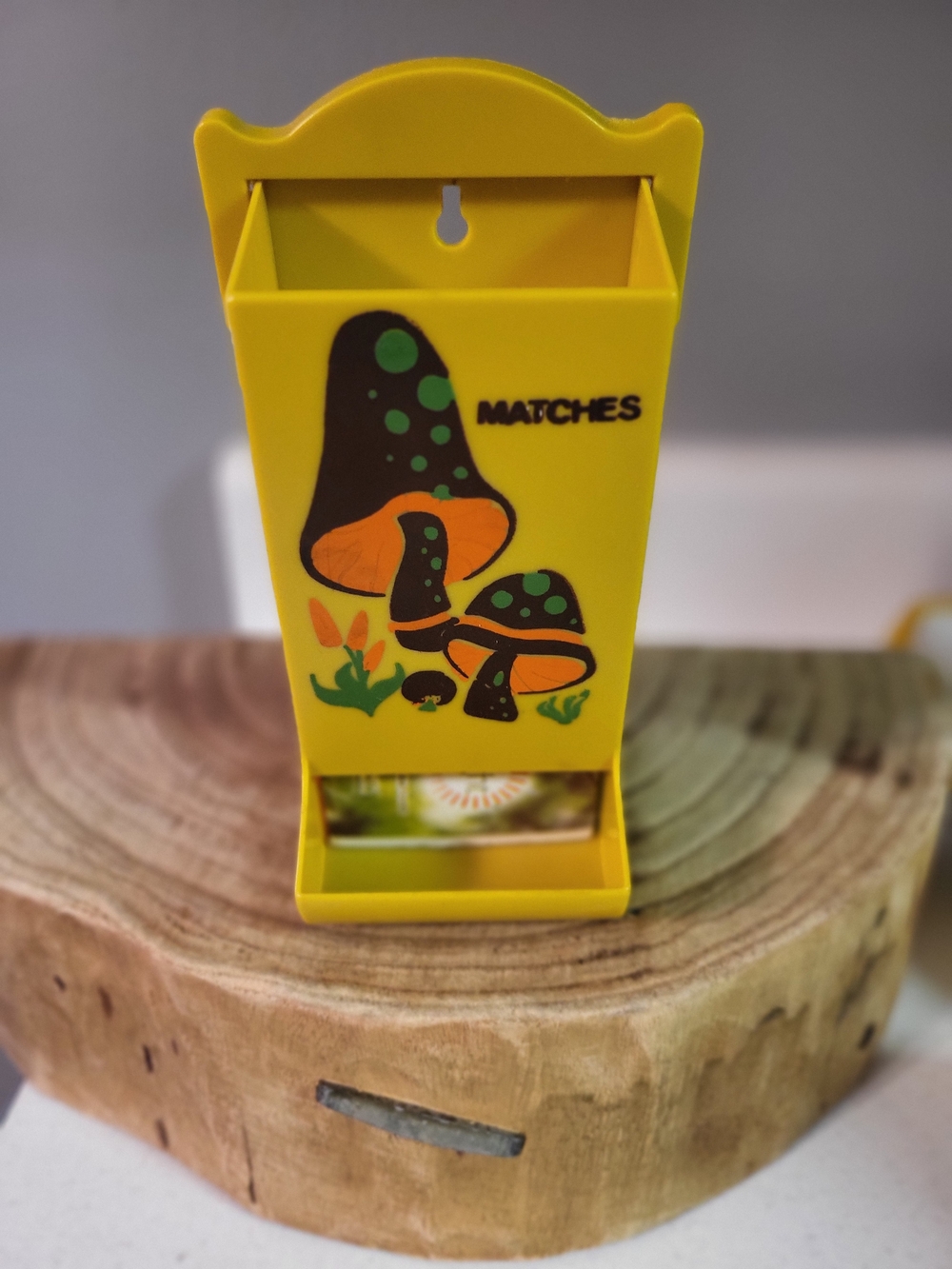 Vintage Wall Mountable Mushroom Matchbox Holder Retro Design Yellow Plastic